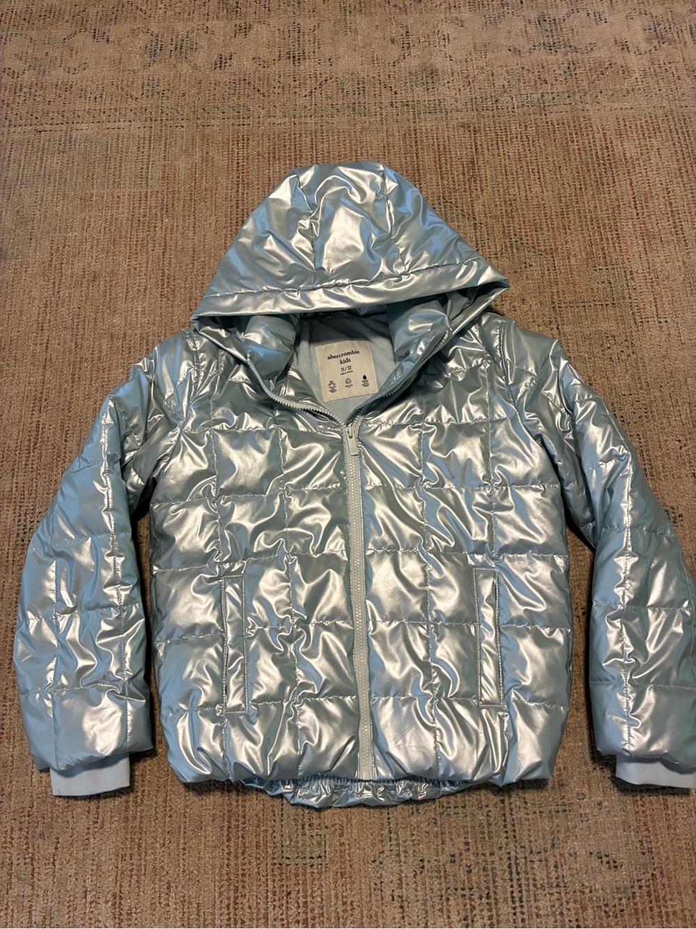 abercrombie kids metallic cream puffer jacket with iridescent sheen